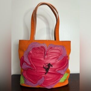 Lamarthe Paris Bright Orange Tote with Pink Floral Applique